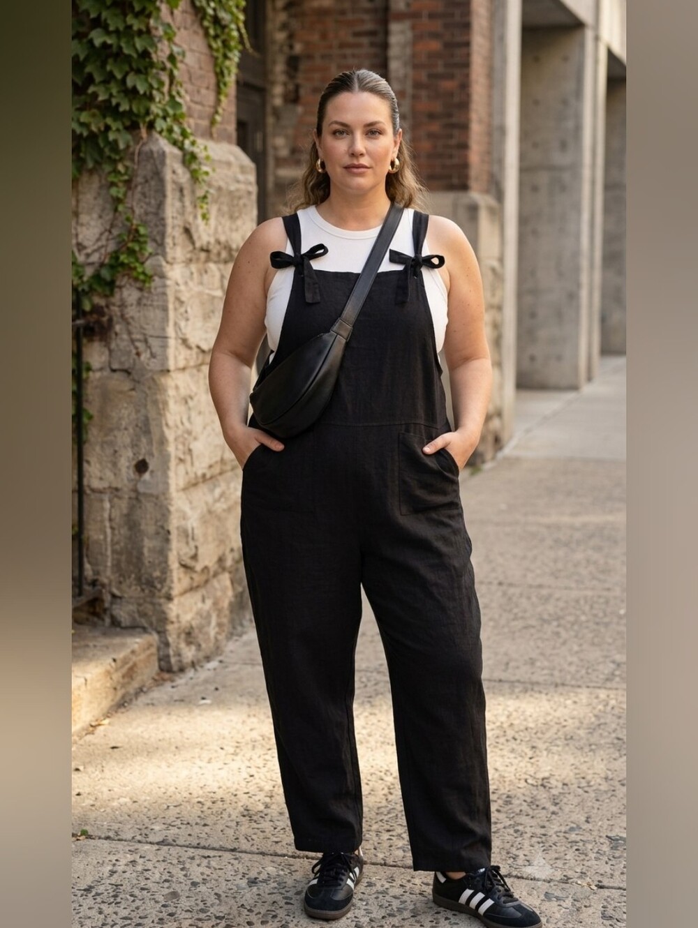ANSELF Cotton Linen Blend Tie Strap Pocket Overalls Jumpsuit Lagenlook Utility